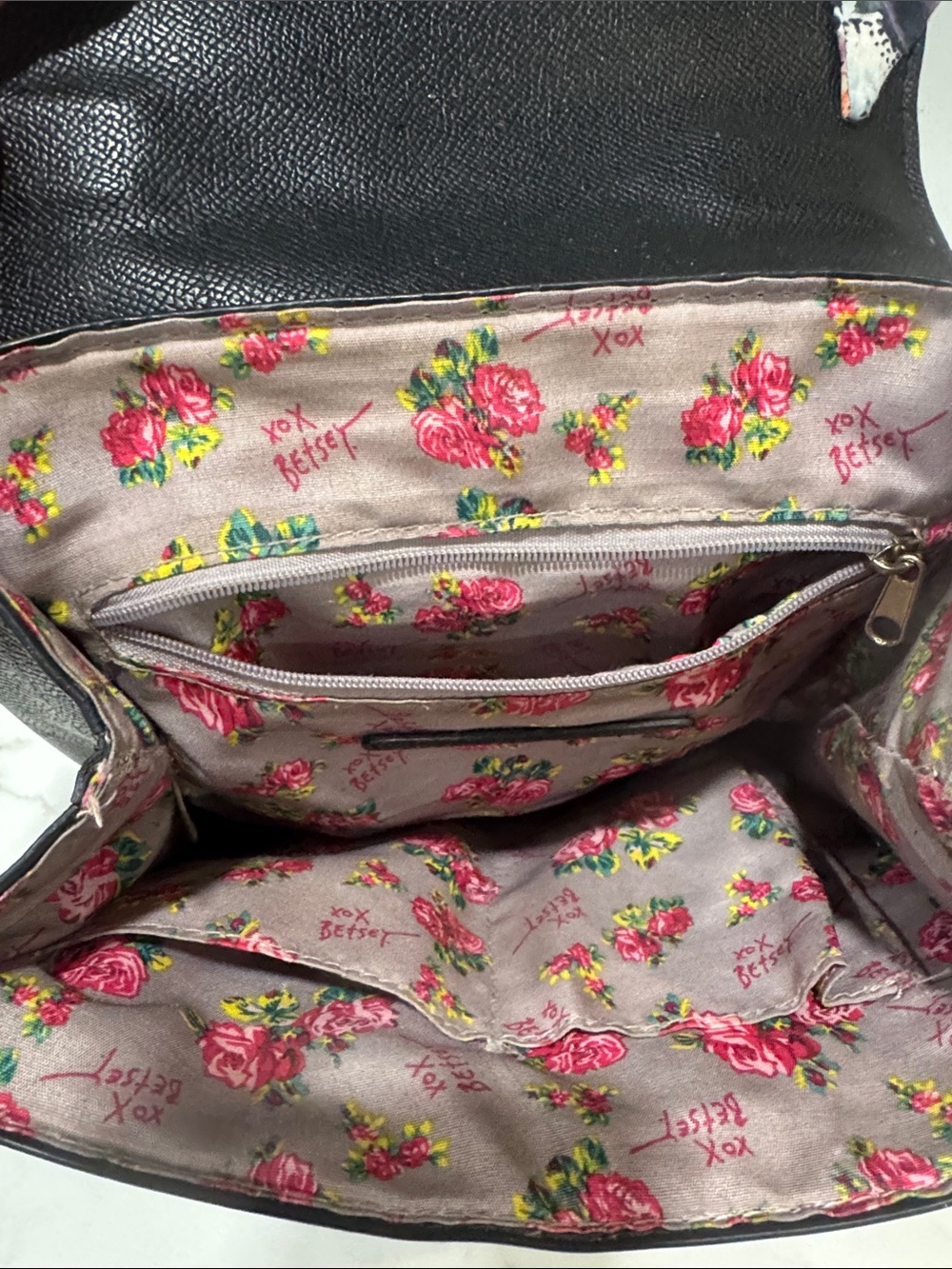 Betsey Johnson Black Satchel with Floral Scarf and Gold Heart Accent - Picture 5 of 5